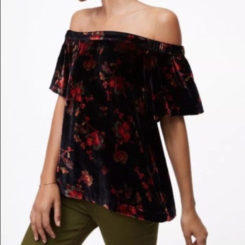 LOFT Off-Shoulder Floral Velvet Blouse - Black and Red